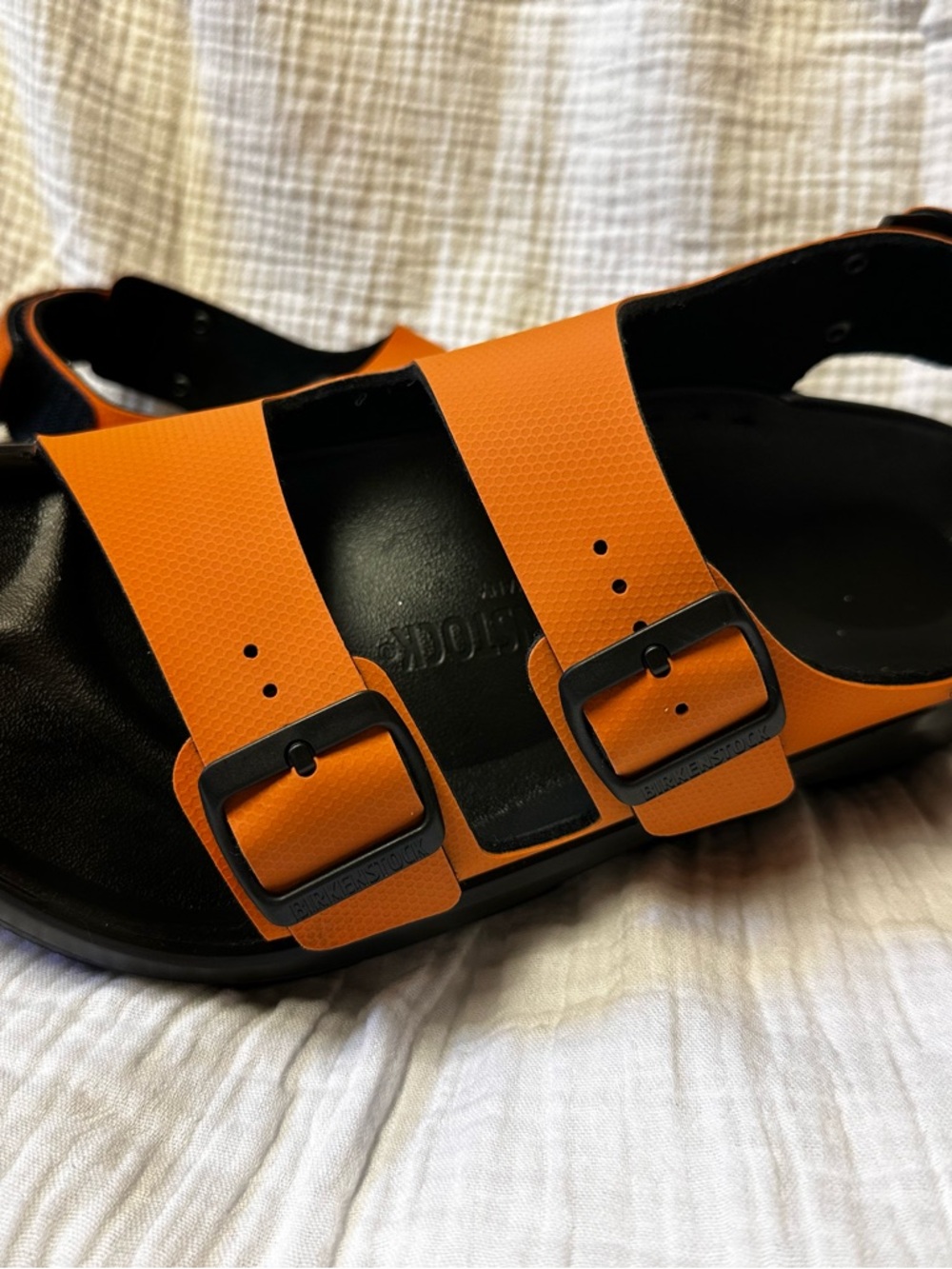 Birkenstock Two-Strap Sandal in Orange and Black Mens 9, ladies 11.